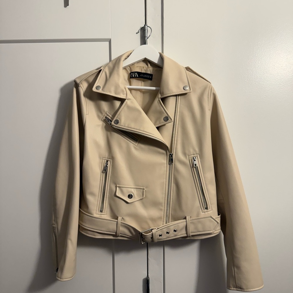 Zara Beige Leather Moto Jacket